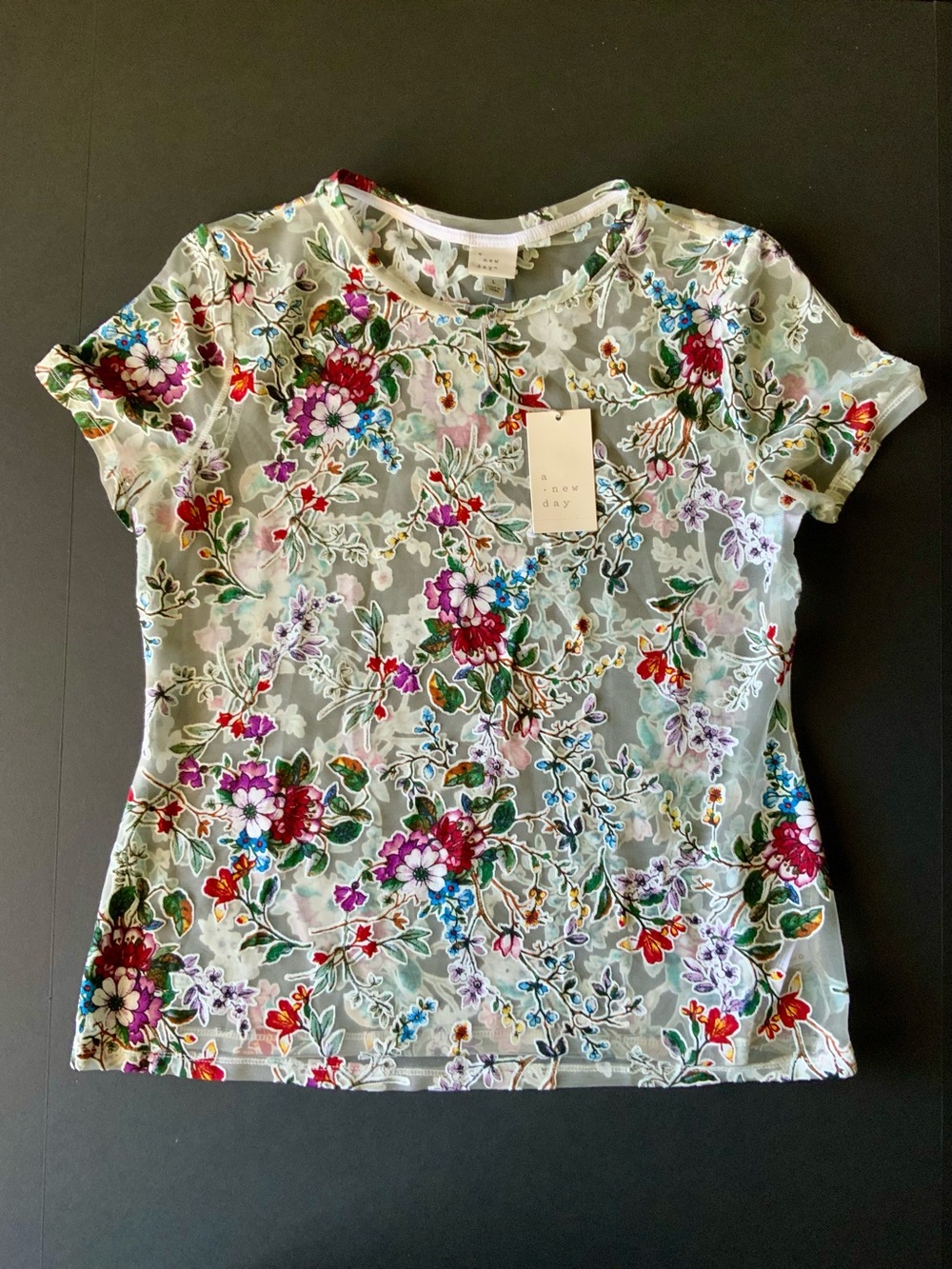 a new day Floral Short-Sleeve Tee in Pale Green with Multicolor Blossom Print